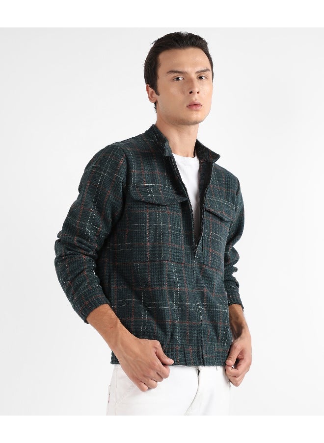 Men's Forest Green Tartan Plaid Jacket With Flap Pockets