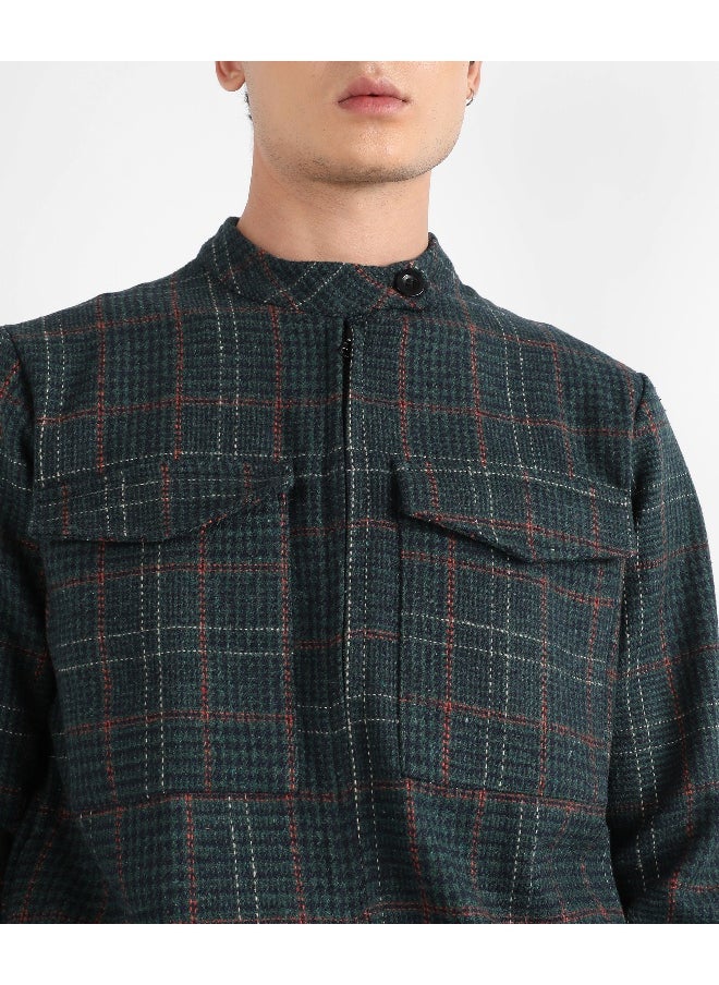 Men's Forest Green Tartan Plaid Jacket With Flap Pockets