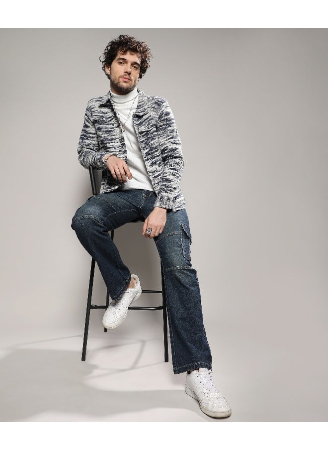 Men's Navy Blue & Chalk White Contrast Denim Heathered Jacket