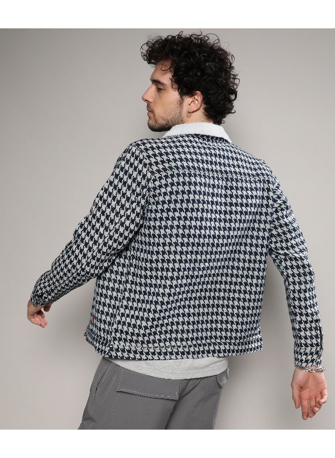 Men's Navy Blue & Moon Grey Fleece Houndstooth Denim Jacket