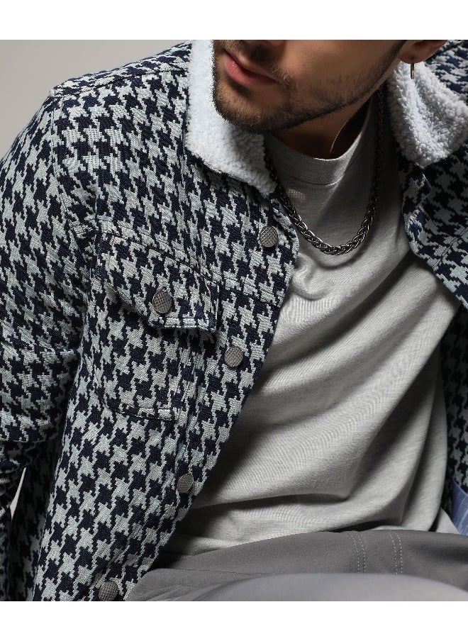 Men's Navy Blue & Moon Grey Fleece Houndstooth Denim Jacket