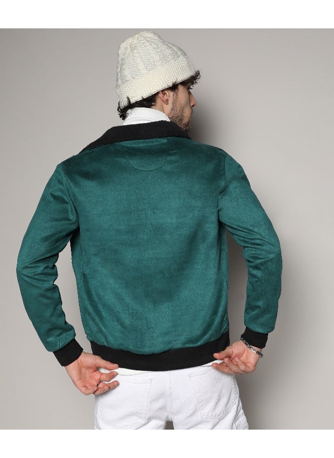 Men's Forest Green Zip-Front Jacket With Fleece Collar