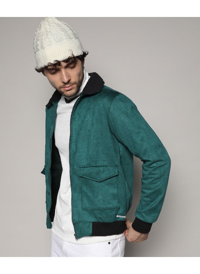 Men's Forest Green Zip-Front Jacket With Fleece Collar