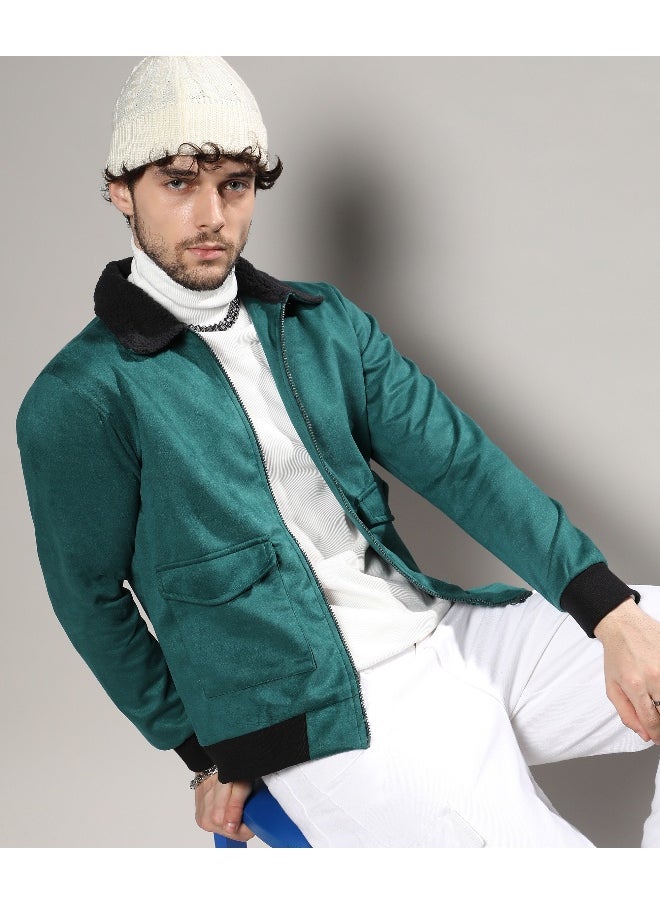 Men's Forest Green Zip-Front Jacket With Fleece Collar