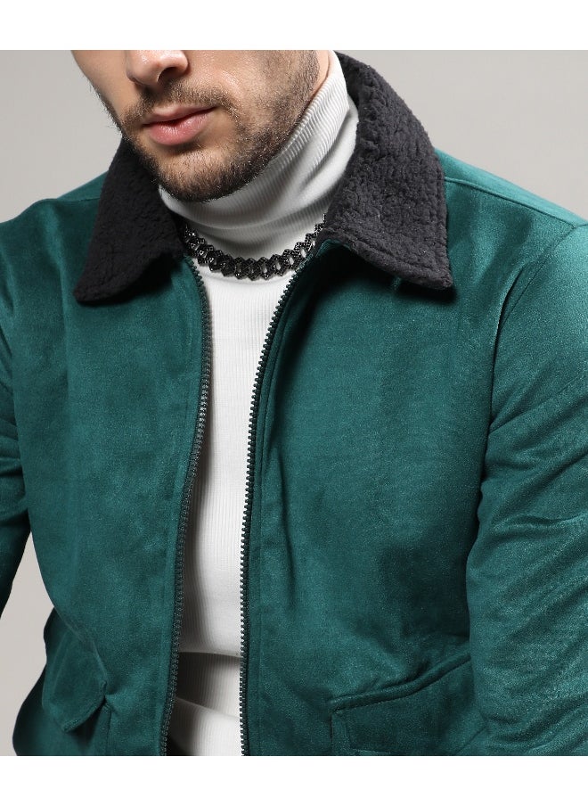 Men's Forest Green Zip-Front Jacket With Fleece Collar