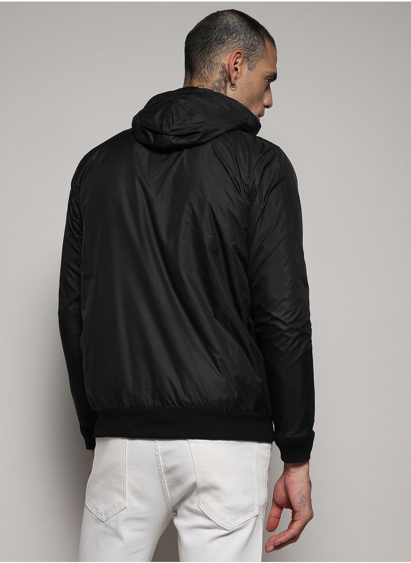 Men's Black Zip-Front Jacket With Ribbed Hem