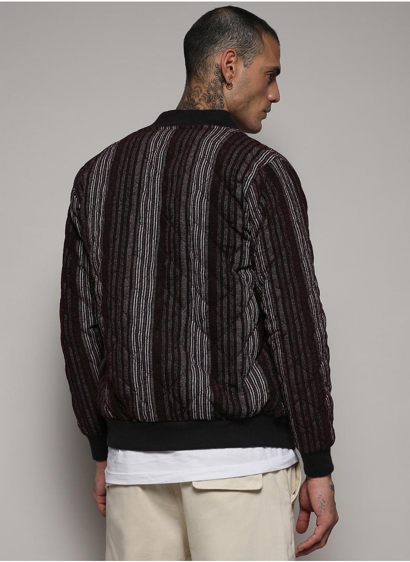 Men's Charcoal Grey Striped Quilted Bomber Jacket