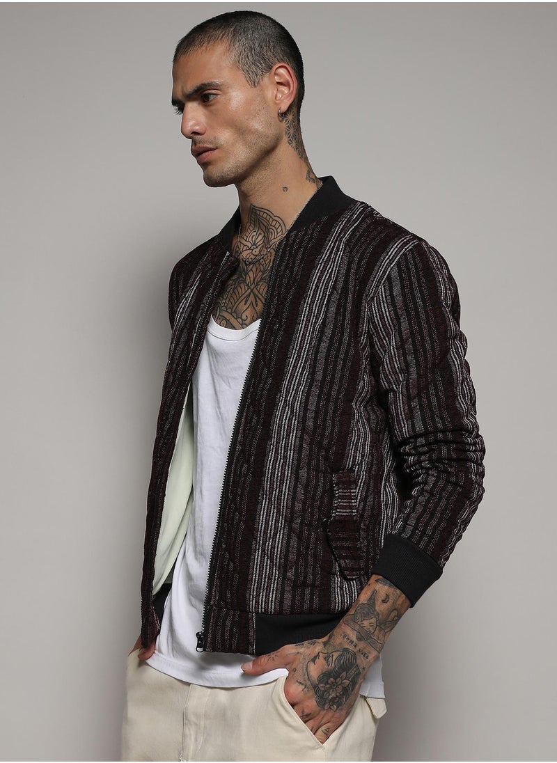 Men's Charcoal Grey Striped Quilted Bomber Jacket