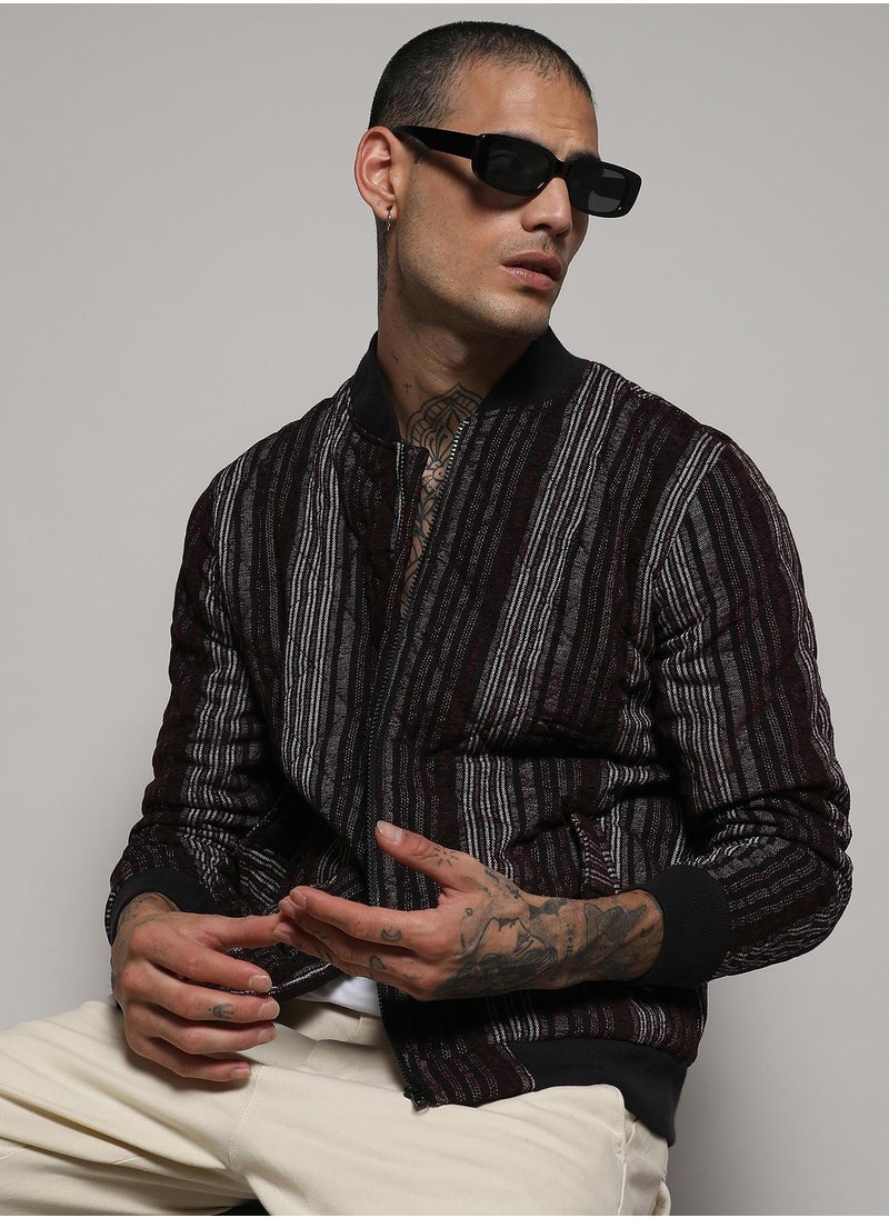 Men's Charcoal Grey Striped Quilted Bomber Jacket