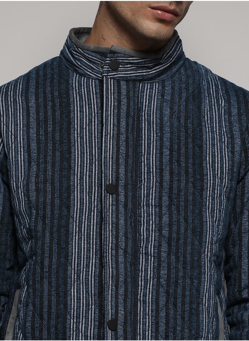 Men's Black & Prussian Blue Striped Quilted Bomber Jacket