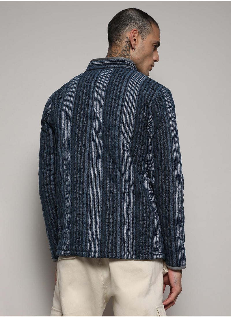 Men's Black & Prussian Blue Striped Quilted Bomber Jacket