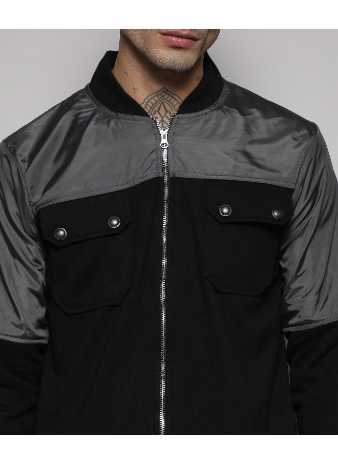 Men's Black & Grey Zip-Front Jacket With Flap Pocket