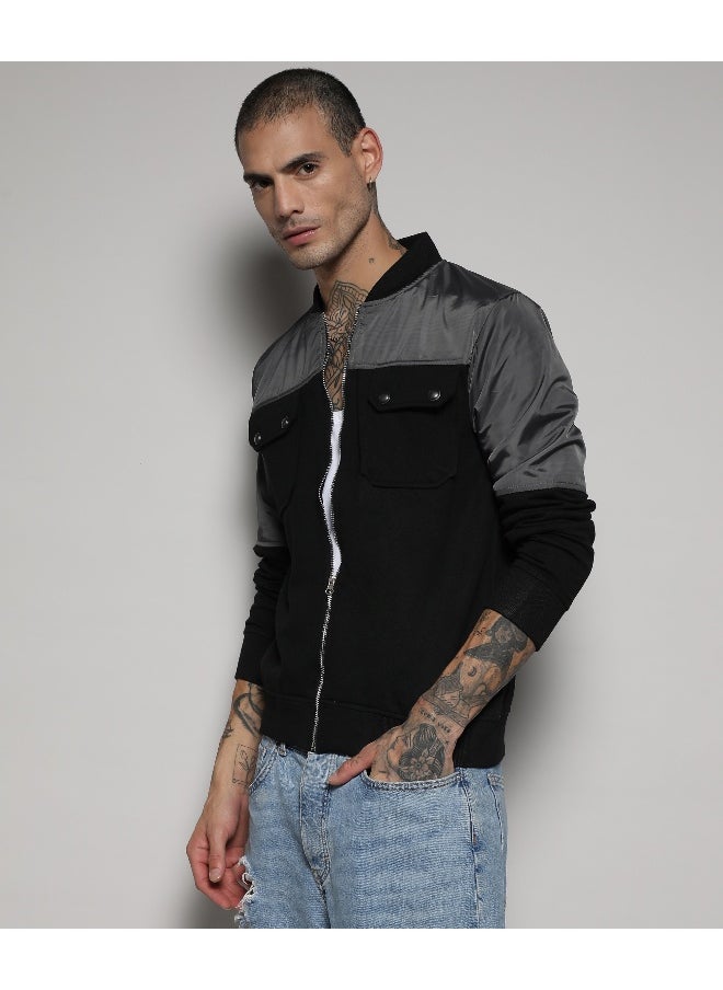 Men's Black & Grey Zip-Front Jacket With Flap Pocket