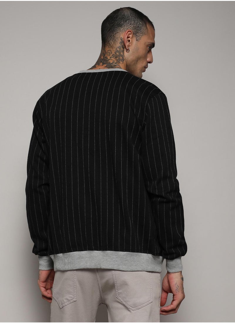 Men's Navy Blue Pinstriped Jacket With Contrast Hem