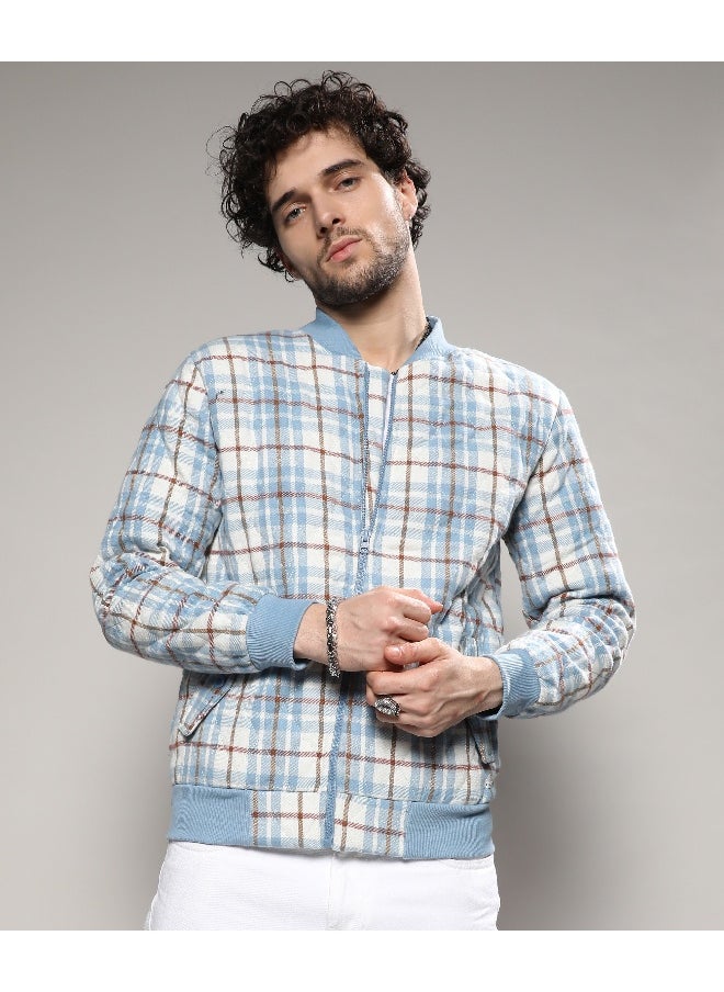 Men's Icy Blue & Brown Tartan Plaid Bomber Jacket