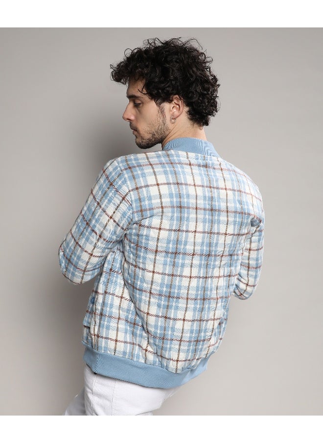 Men's Icy Blue & Brown Tartan Plaid Bomber Jacket