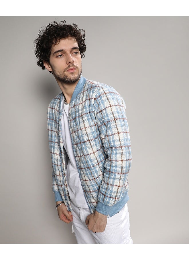 Men's Icy Blue & Brown Tartan Plaid Bomber Jacket