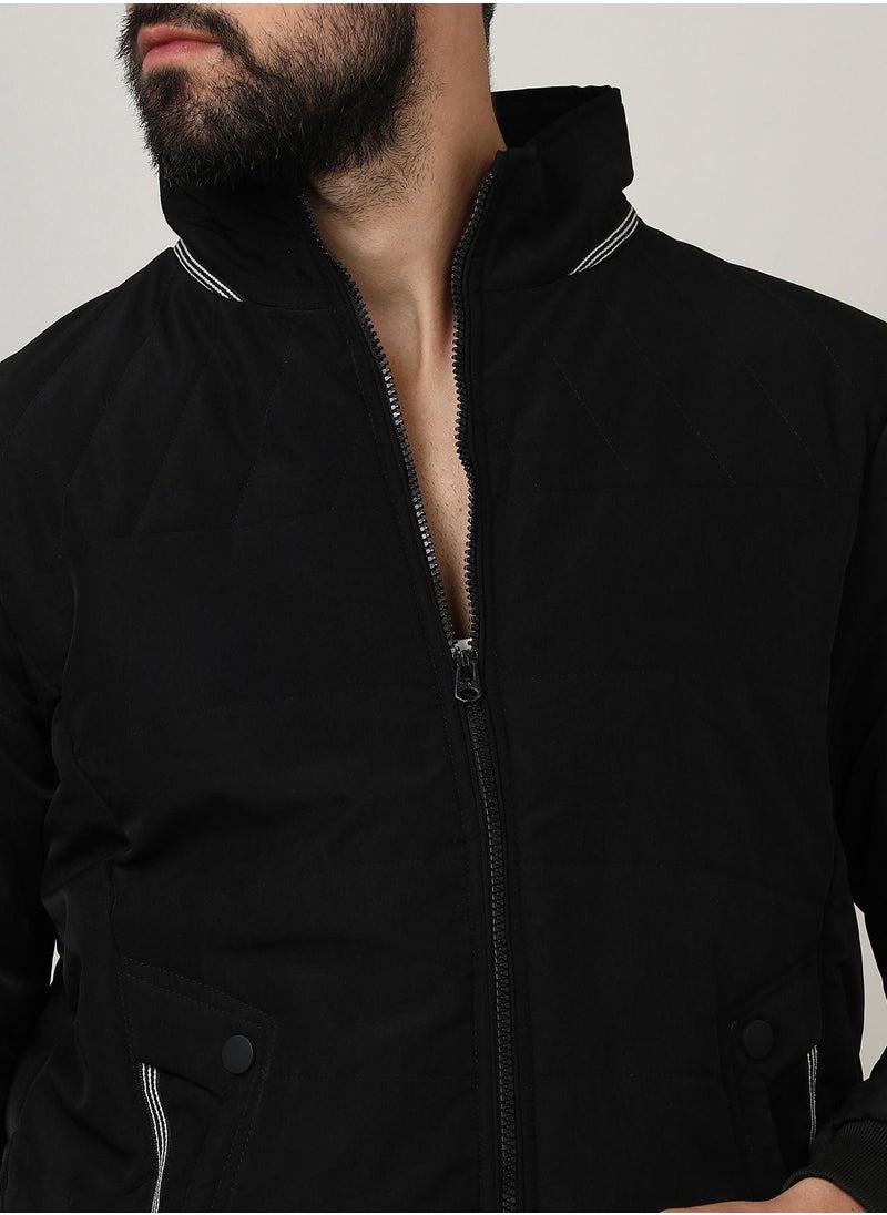 Men's Onyx Black Quited Bomber Jacket With Ribbed Hem