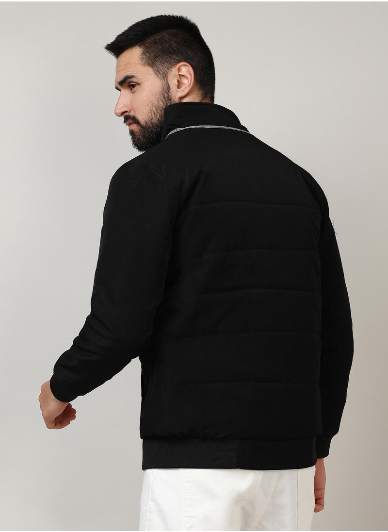 Men's Onyx Black Quited Bomber Jacket With Ribbed Hem