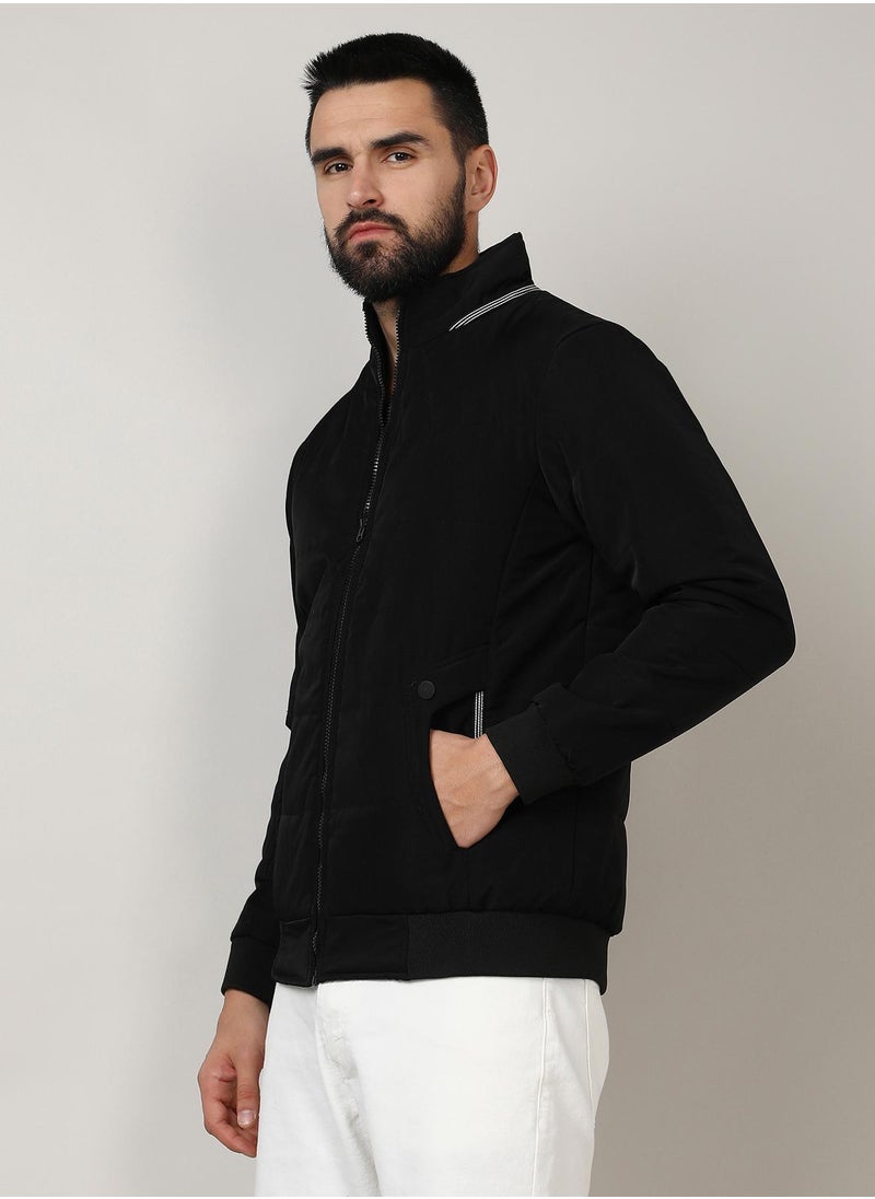 Men's Onyx Black Quited Bomber Jacket With Ribbed Hem