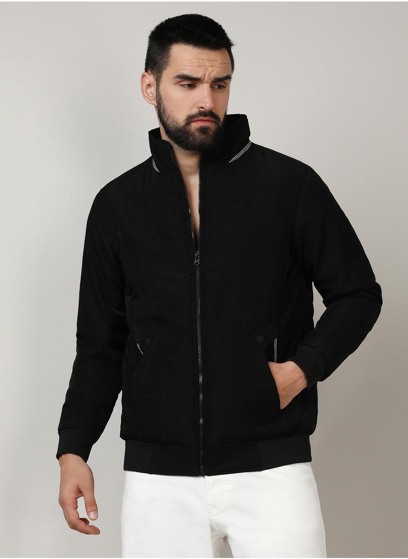 Men's Onyx Black Quited Bomber Jacket With Ribbed Hem