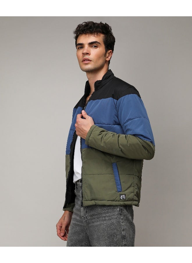 Men's Multicolour Contrast Panel Puffer Jacket