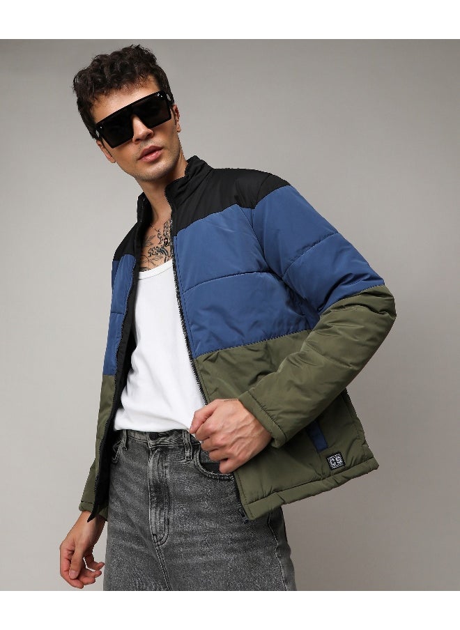 Men's Multicolour Contrast Panel Puffer Jacket