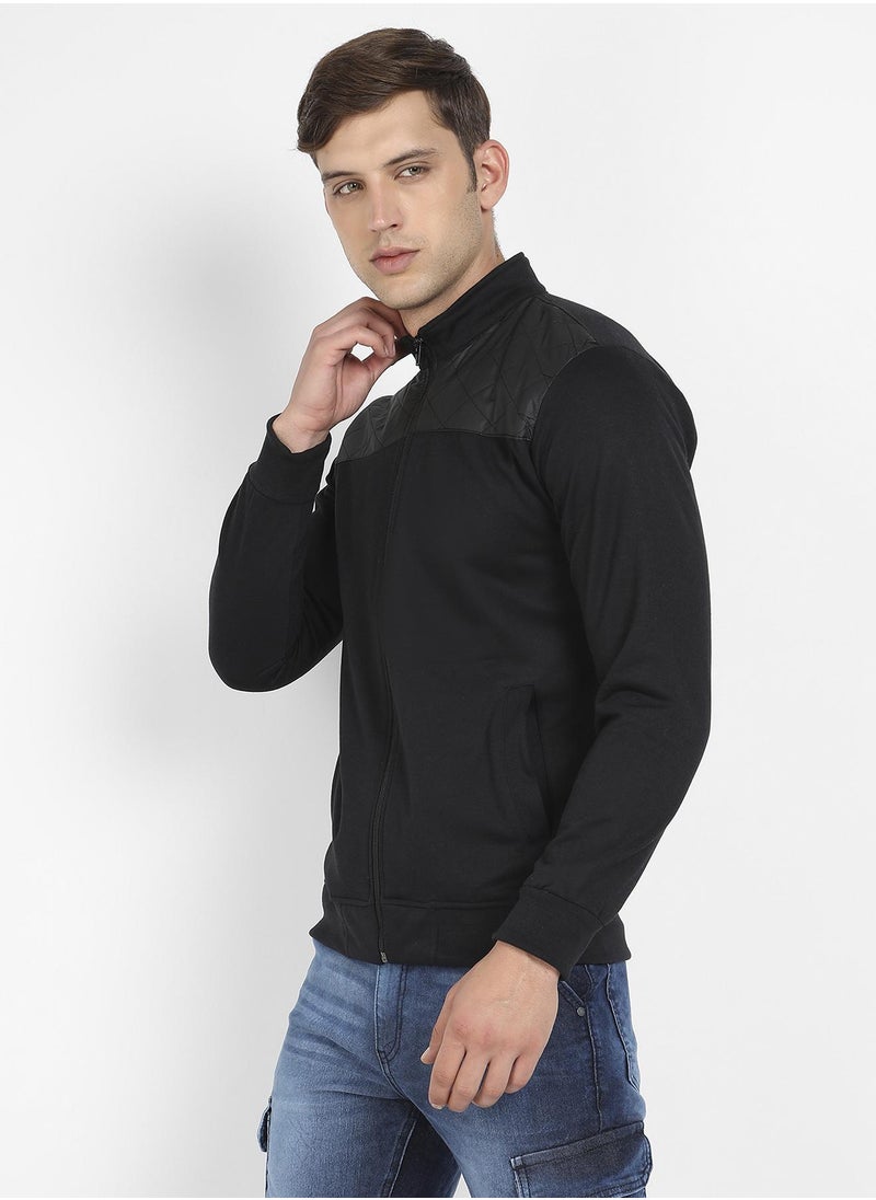 Men's Black Zip-Front Jacket With Quilted Detail