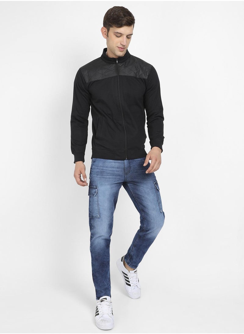 Men's Black Zip-Front Jacket With Quilted Detail