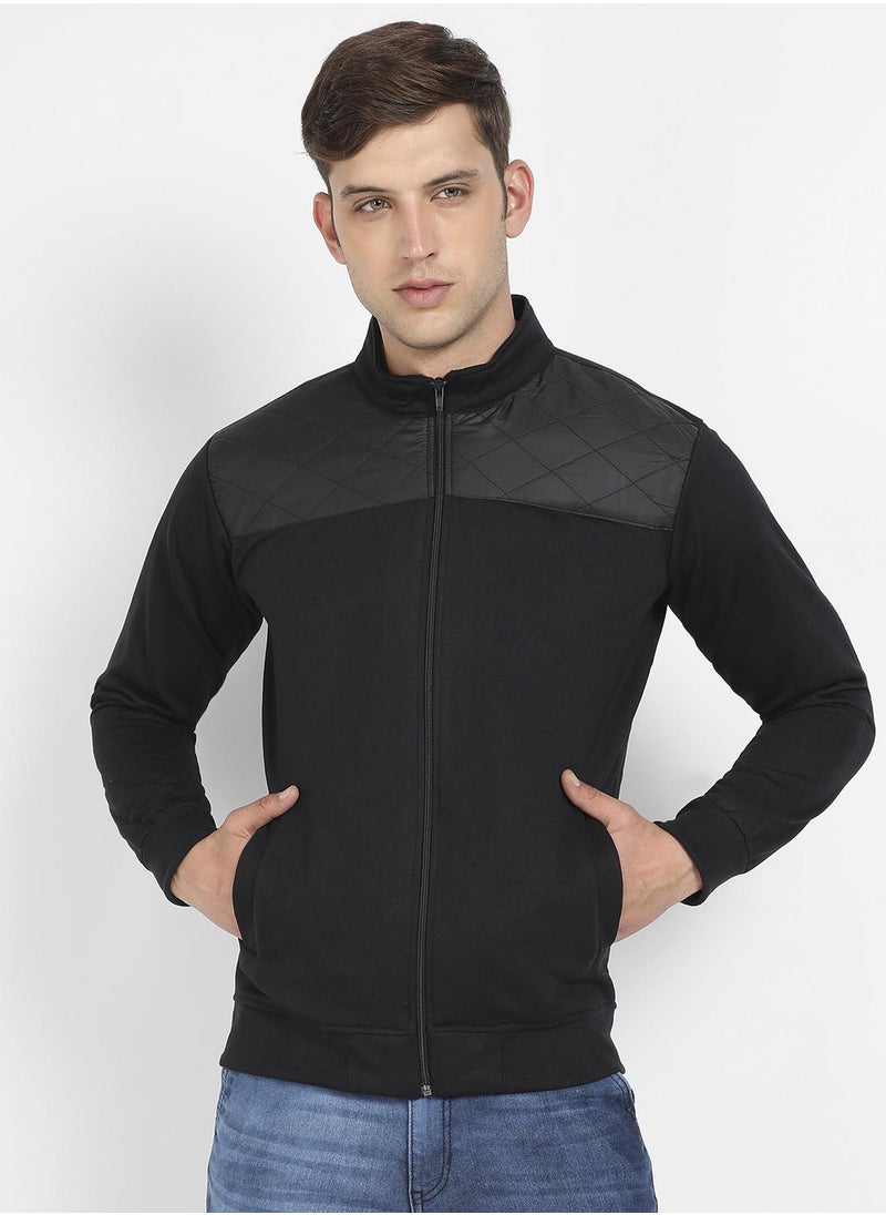 Men's Black Zip-Front Jacket With Quilted Detail