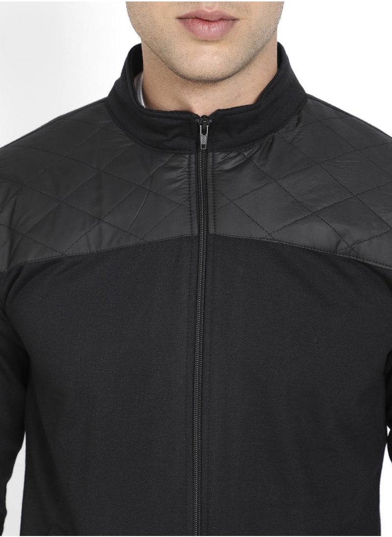 Men's Black Zip-Front Jacket With Quilted Detail