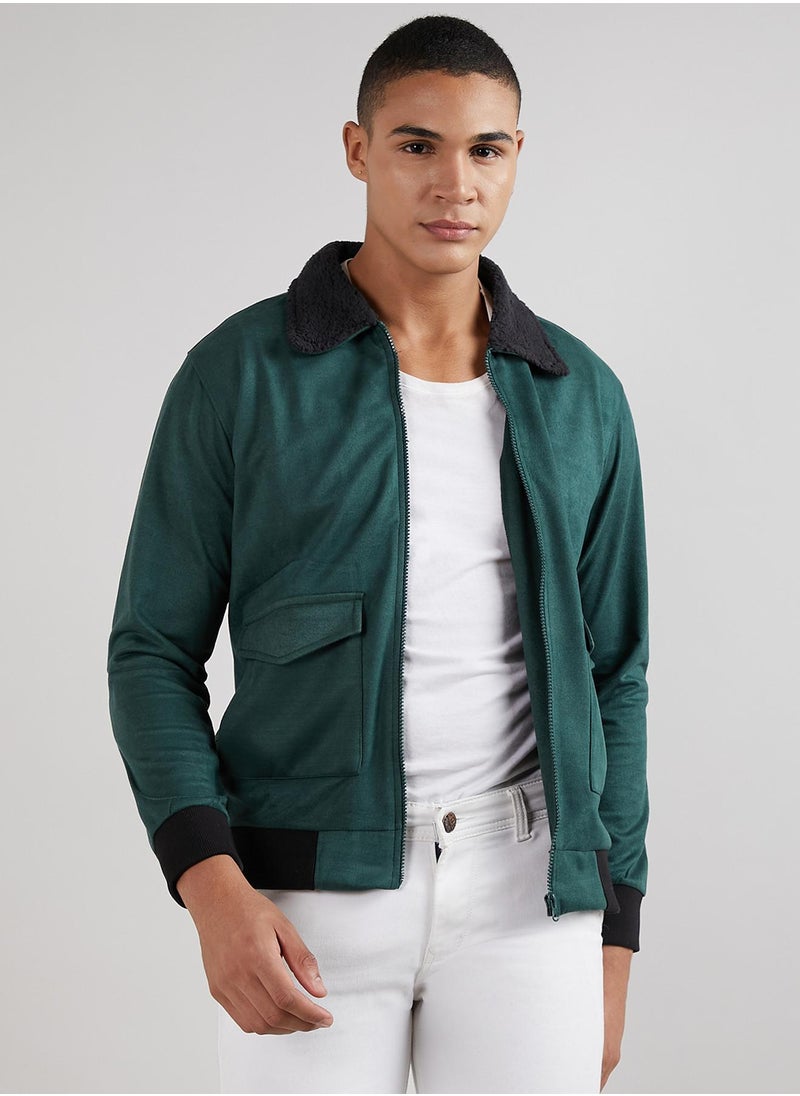 Men's Emerald Green Zip-Front Jacket With Fleece Collar