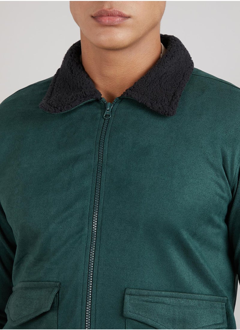 Men's Emerald Green Zip-Front Jacket With Fleece Collar