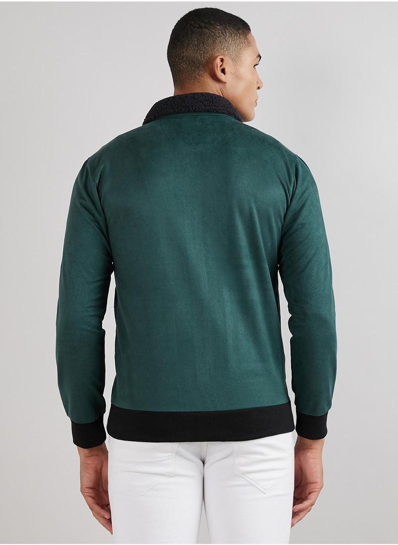 Men's Emerald Green Zip-Front Jacket With Fleece Collar