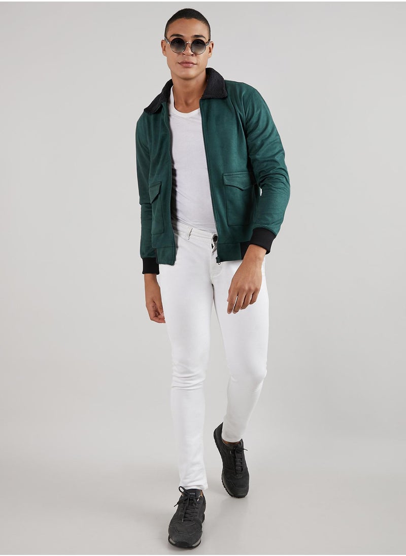 Men's Emerald Green Zip-Front Jacket With Fleece Collar