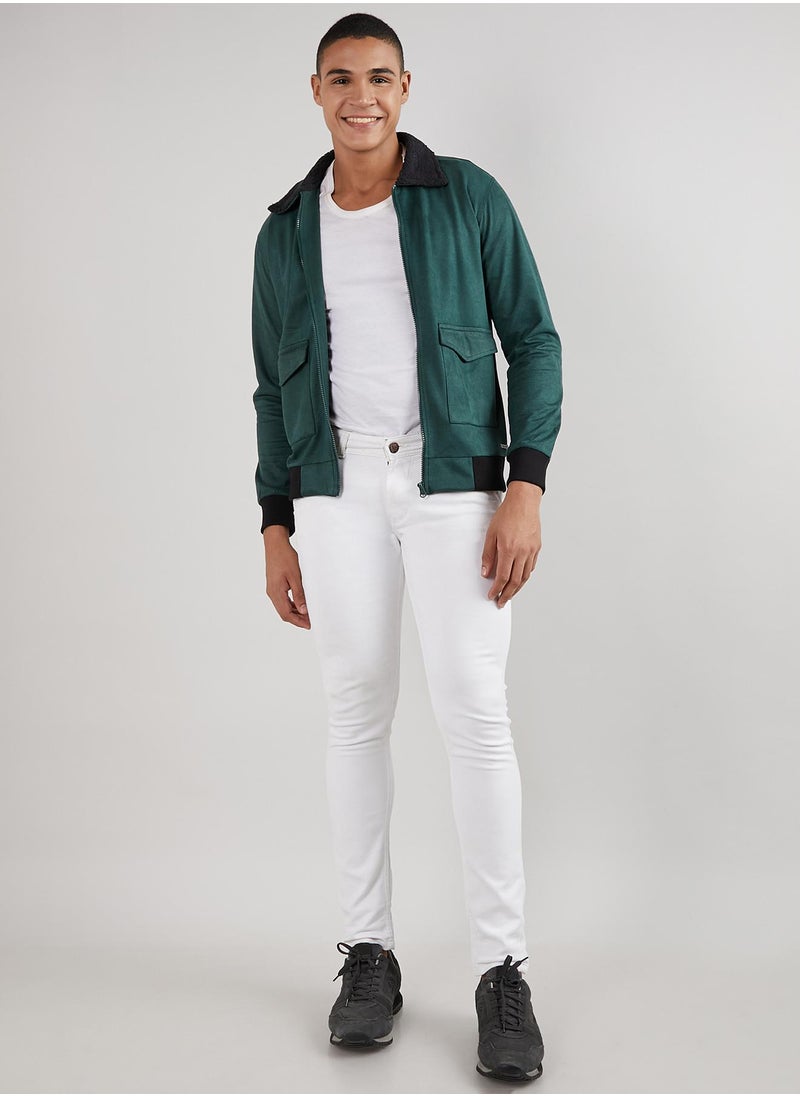 Men's Emerald Green Zip-Front Jacket With Fleece Collar