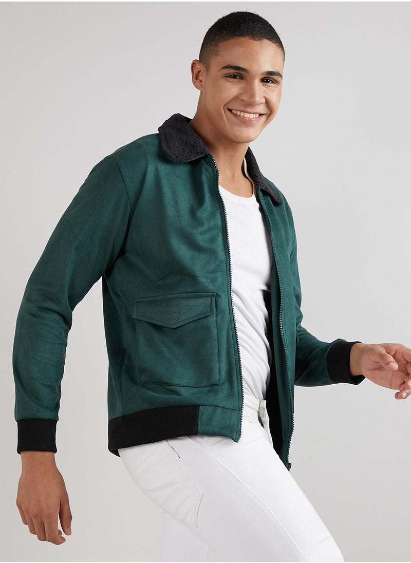 Men's Emerald Green Zip-Front Jacket With Fleece Collar