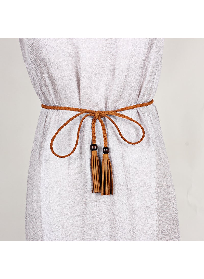 Womens Slim Belt Wooden Beads Tassel Dress Waist Chain CAMEL