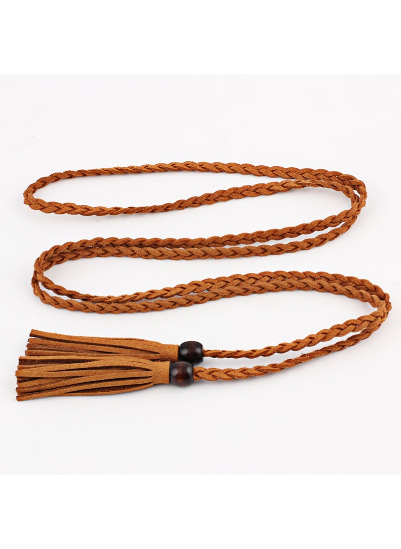 Womens Slim Belt Wooden Beads Tassel Dress Waist Chain CAMEL