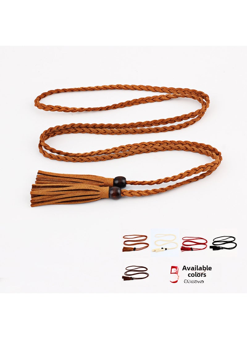 Womens Slim Belt Wooden Beads Tassel Dress Waist Chain CAMEL