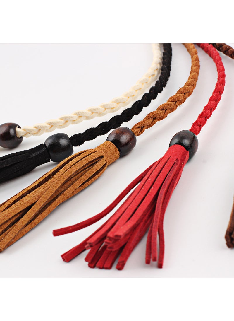 Womens Slim Belt Wooden Beads Tassel Dress Waist Chain CAMEL