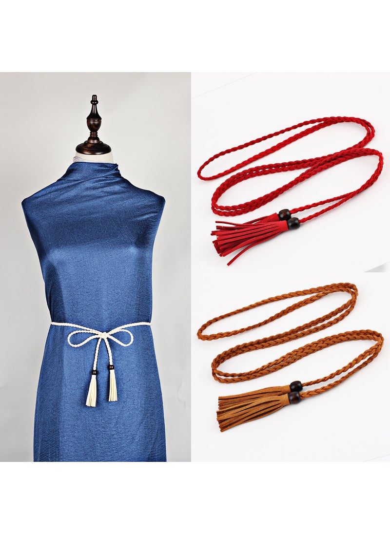 Womens Slim Belt Wooden Beads Tassel Dress Waist Chain CAMEL