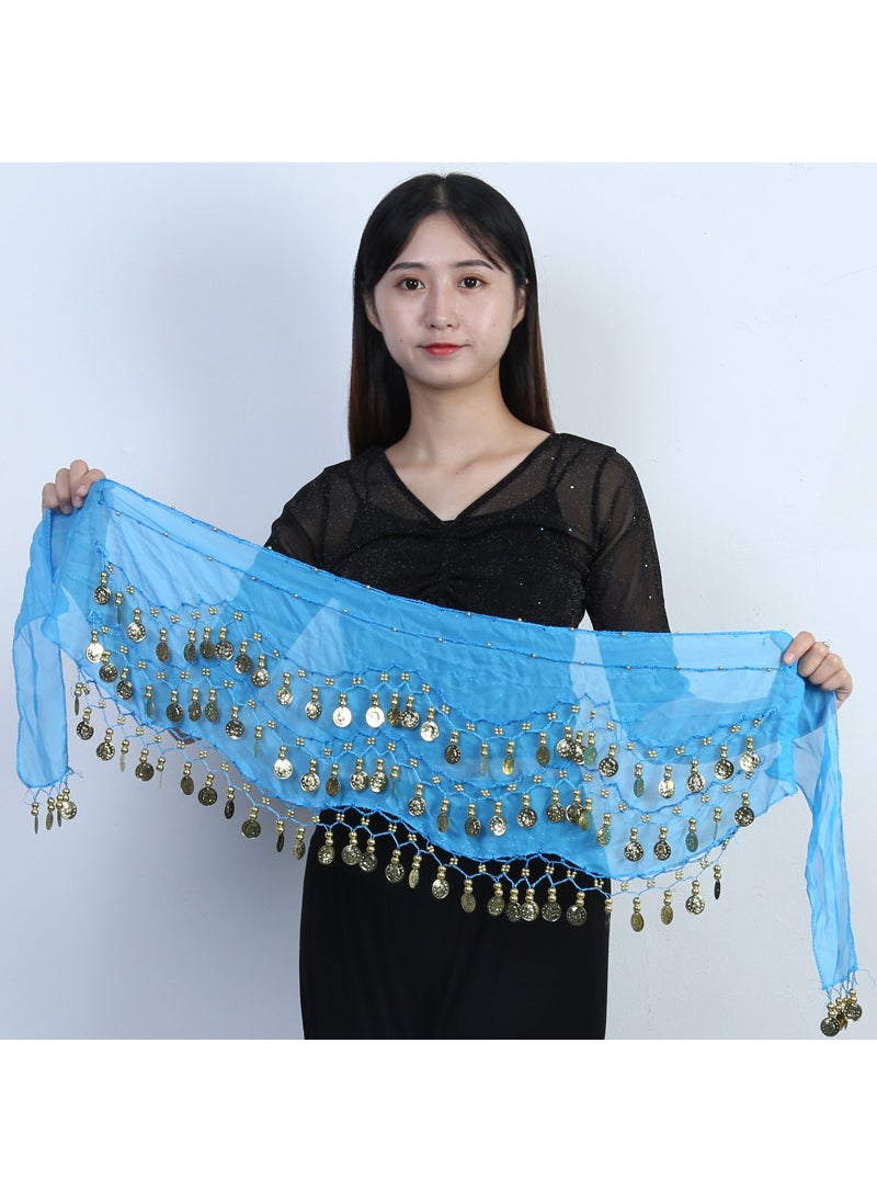 Spot supply 98 currency belly dance waist chain chiffon three-layer gold coin belt Indian dance practice performance hip scarf Fruit green 98 coins silver coins