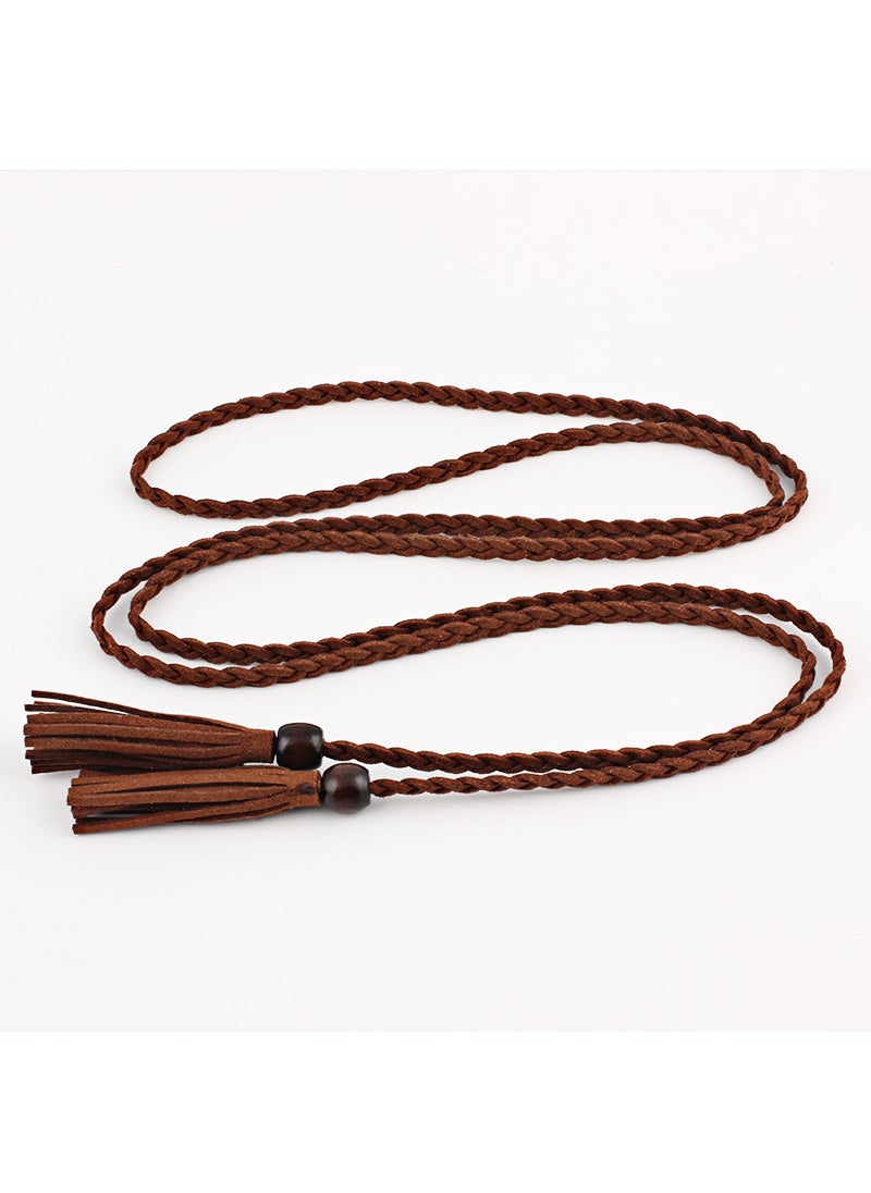 Womens Slim Belt Wooden Beads Tassel Dress Waist Chain Coffee