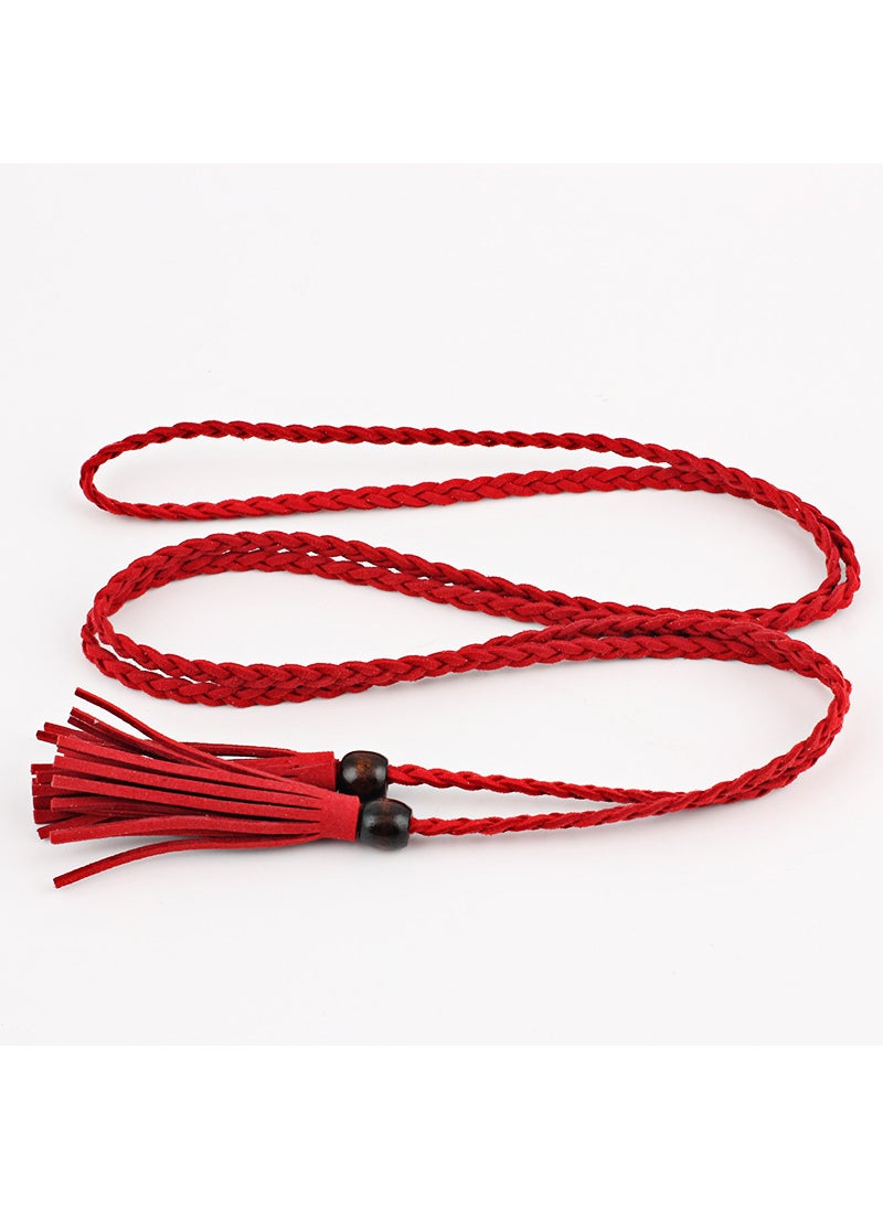 Womens Slim Belt Wooden Beads Tassel Dress Waist Chain Red