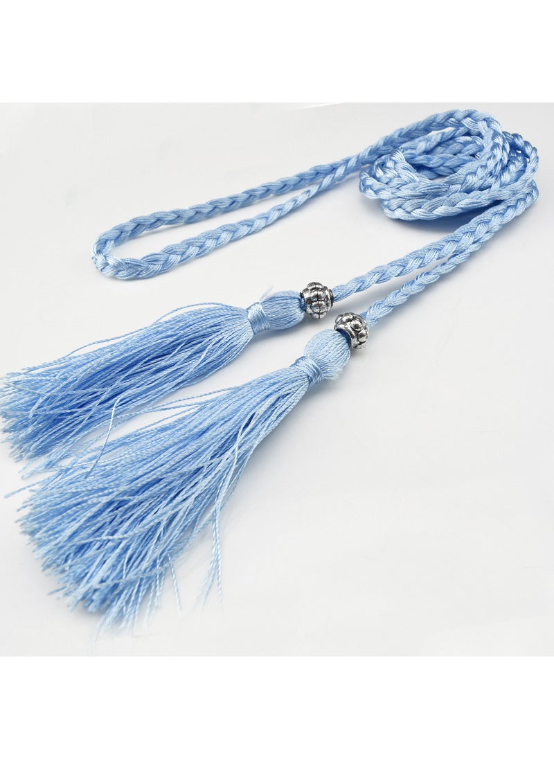 Woven Tassel Belt Thin Womens Belt Korean Bow Rope Skirt Knot Decoration Waist Chain Waist Rope Student Light Blue