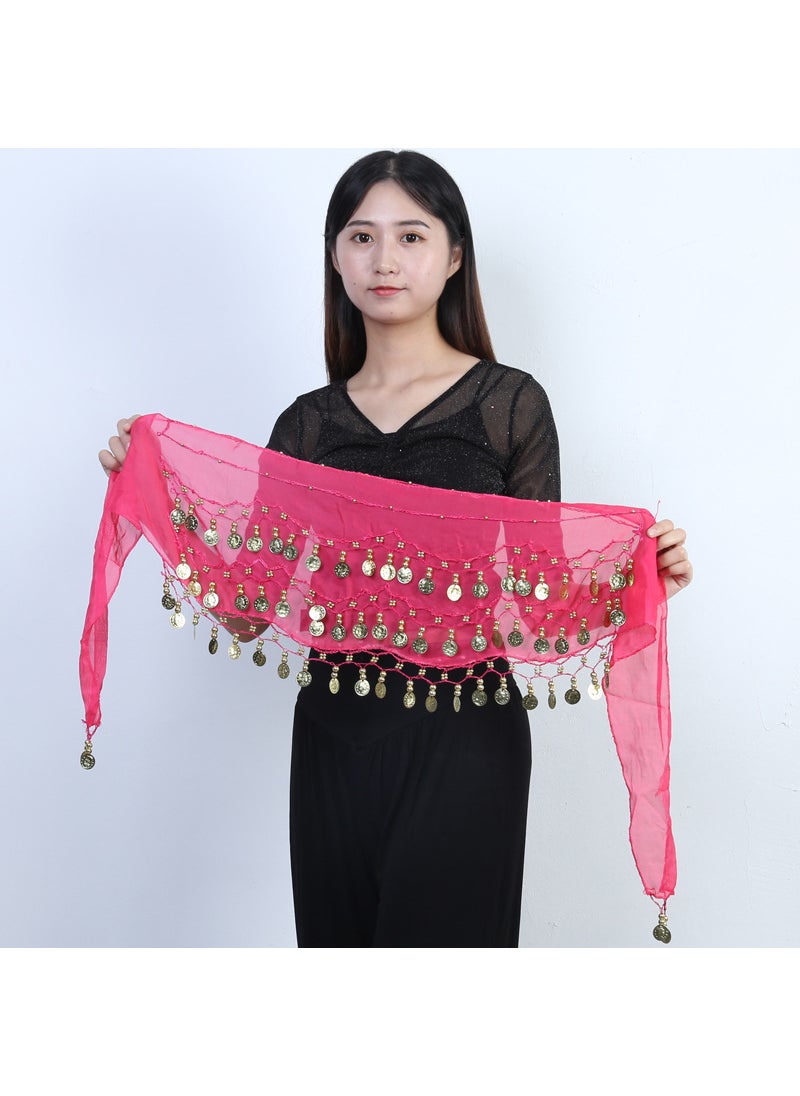 Spot supply 98 currency belly dance waist chain chiffon three-layer gold coin belt Indian dance practice performance hip scarf Rose Red 98 Coins