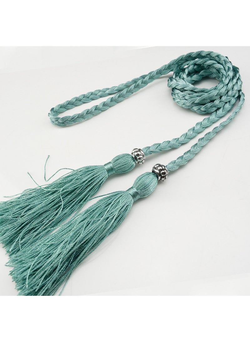 Woven Tassel Belt Thin Womens Belt Korean Bow Rope Skirt Knot Decoration Waist Chain Waist Rope Student Cyan