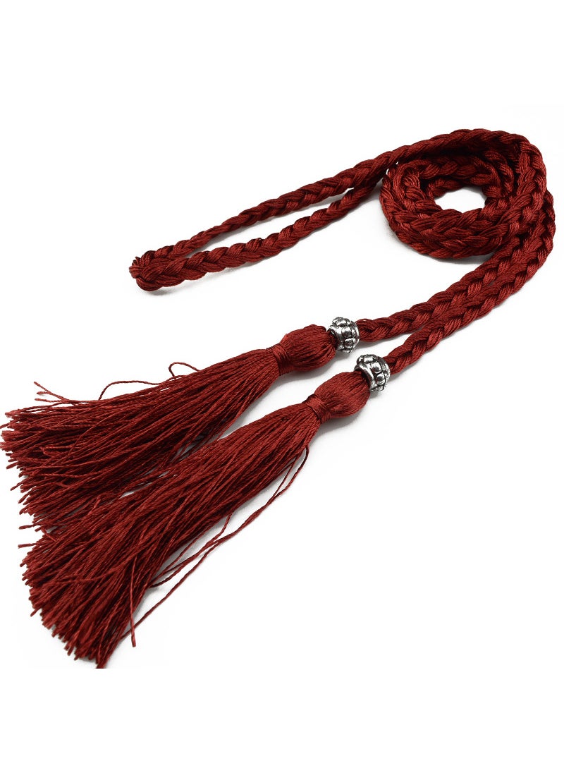 Woven Tassel Belt Thin Womens Belt Korean Bow Rope Skirt Knot Decoration Waist Chain Waist Rope Student Burgundy