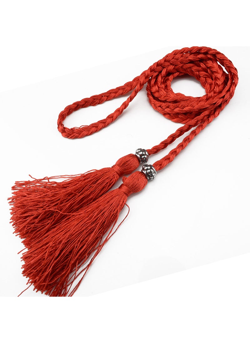 Woven Tassel Belt Thin Womens Belt Korean Bow Rope Skirt Knot Decoration Waist Chain Waist Rope Student Red